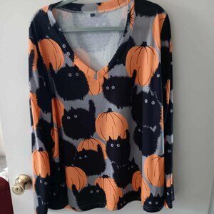 Woman's Fall pumpkin and cat top 3X NEW & matching earrings
